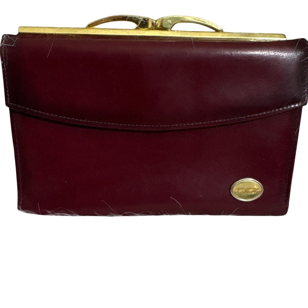 Vintage NMH Burgundy Leather Trifold Wallet Gold Kiss Lock‎ Coin Purse 8x4.5